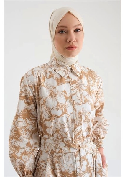 Beli Bağlamalı Desenli Elbise 24Y9840 Camel
