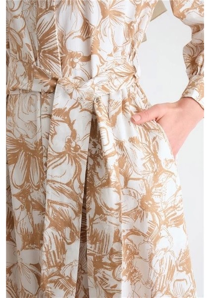 Beli Bağlamalı Desenli Elbise 24Y9840 Camel