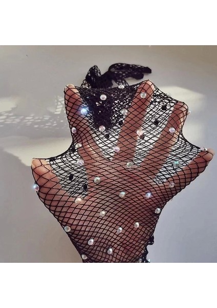 Siyah Renk Incili Elmas Işlemeli File Örgü Uzun Eldiven 45 cm indirimleri