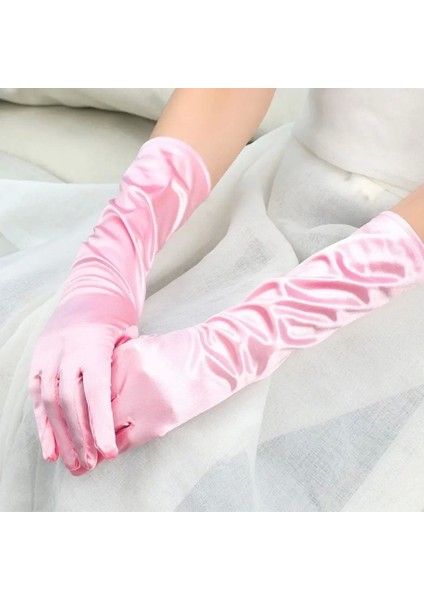 Uzun Boy Ekstra Parlak Saten Eldiven Pembe Renk