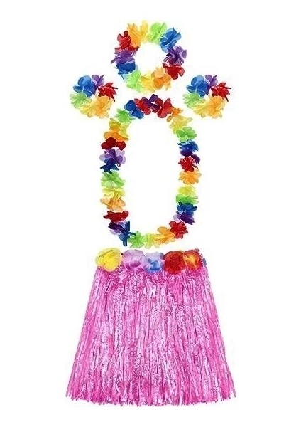 Yetişkin ve Çocuk Uyumlu Luau Aloha Hawaii Pembe Etek ve Renkli Kolye Taç 2 Adet Bileklik Seti