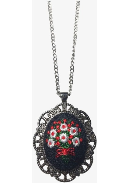 Çiçekli Kanaviçe Etamin Kolye Uzun Zincir