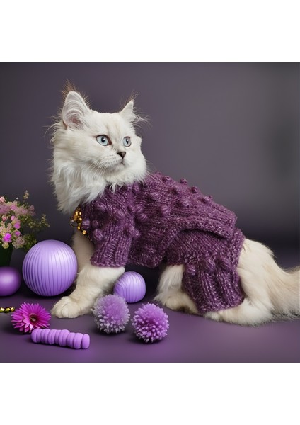 Kedi Köpek için Pantolon, Hırka ve Çanta'dan Oluşan Mor Yün Takım