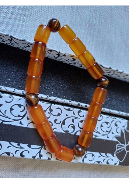 Kaplan Gözü Taş Süslemeli Kehribar Taşlı Bileklik
