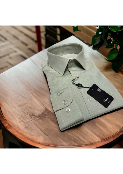 Regularfit Çağla Yeşili Twill Dokuma Klasik Yaka Gömlek