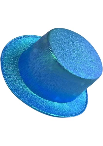 Mavi Renk Işıltılı Hologram Kumaş Kaplama Fötr Silindir Şapka Yetişkin Boy