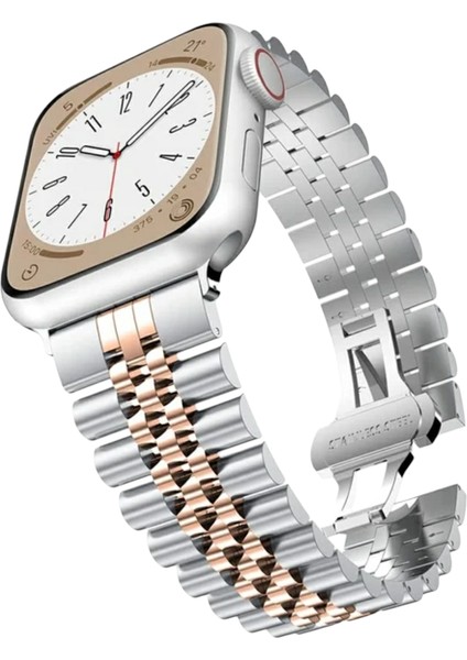 Apple Watch Rolex Stil Paslanmaz Çelik Kordon ( Seri 10 - 42 mm Uyumlu) Gümüş Rose Gold