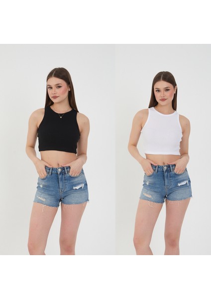 Kadın 3 Lü Adet Fitilli Pamuklu Örme Kaşkorse Crop Bluz Atlet