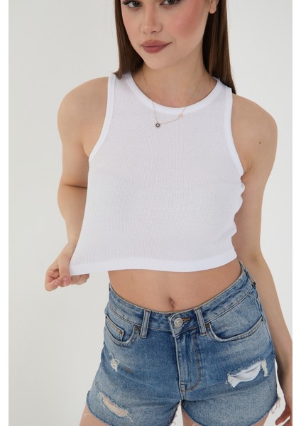 Kadın 3 Lü Adet Fitilli Pamuklu Örme Kaşkorse Crop Bluz Atlet