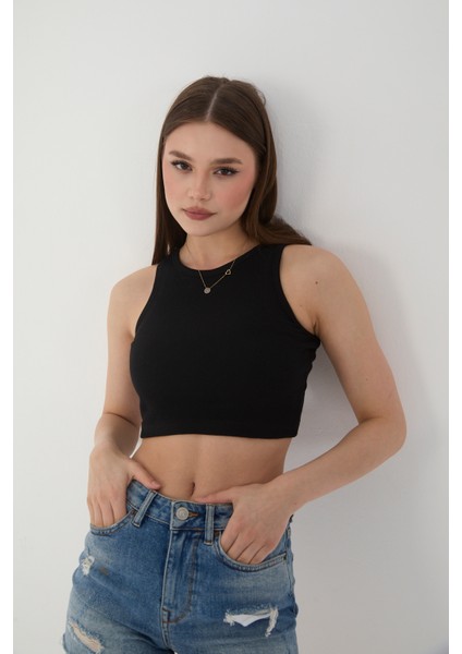 Kadın 3 Lü Adet Fitilli Pamuklu Örme Kaşkorse Crop Bluz Atlet