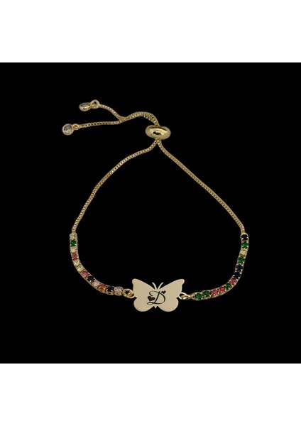 Kelebek Figürlü 14 Ayar Altın Plakalı Harf Desenli Renkli Taşlı Bileklik