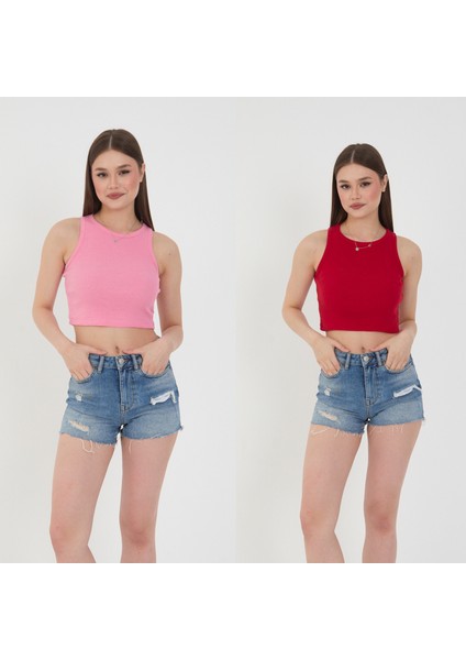 Kadın 3 Lü Adet Fitilli Pamuklu Örme Kaşkorse Crop Bluz Atlet