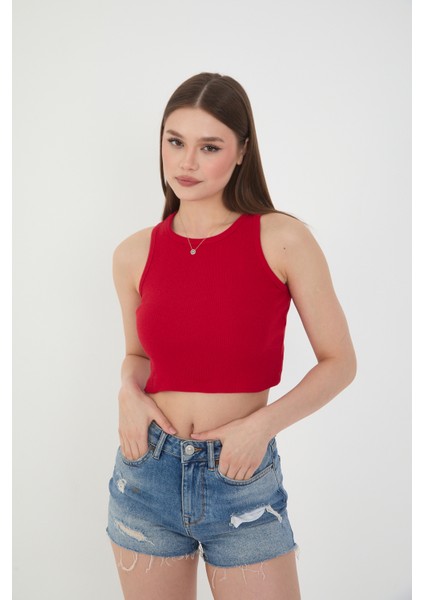 Kadın 3 Lü Adet Fitilli Pamuklu Örme Kaşkorse Crop Bluz Atlet