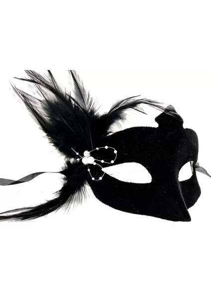 Siyah Renk Yandan Tüylü Süet Kaplama Beyaz Incili Parti Maskesi 18 x 15 cm fiyatları