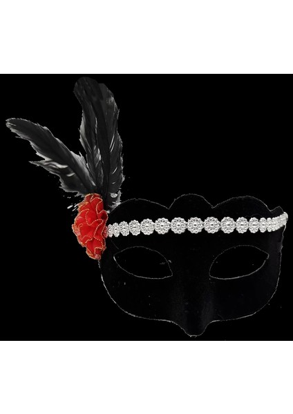 Siyah Renk Süet Kaplama Gümüş Dantelli Kırmızı Gül Tasarımlı Parti Maskesi 18 x 20 cm