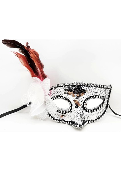 Gümüş Renk Yandan Tüylü Güllü Gümüş Taşlı Pullu Maske 20 x 22 cm
