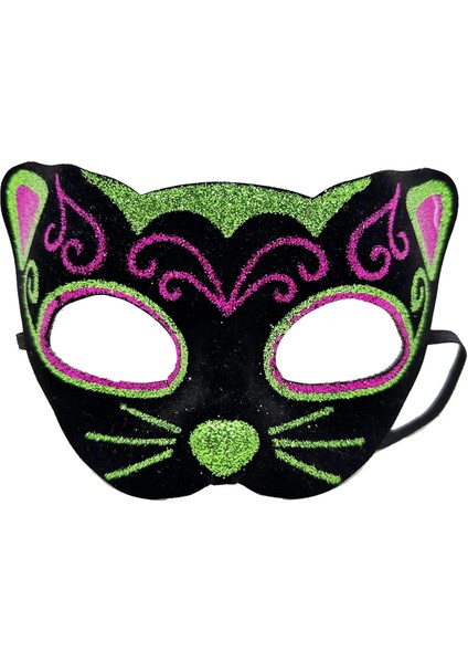 Siyah Kadife Kaplama Üzeri Pembe Yeşil Sim Işlemeli Kedi Maskesi 20 x 13 cm
