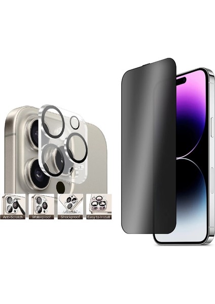 iPhone 16 Pro Max Uyumlu Privacy Hayalet Cam Ekran Koruyucu + Kamera Lens Koruyucu Set