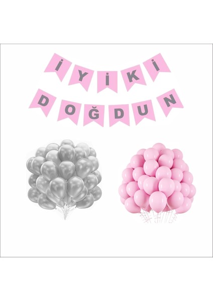 Pembe-Gümüş Mını Balon+Banner Seti