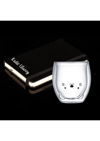 Kişiye Özel Deri Not Defteri ve Sevimli Kedi Çidarlı Cam Bardak Hediye Seti