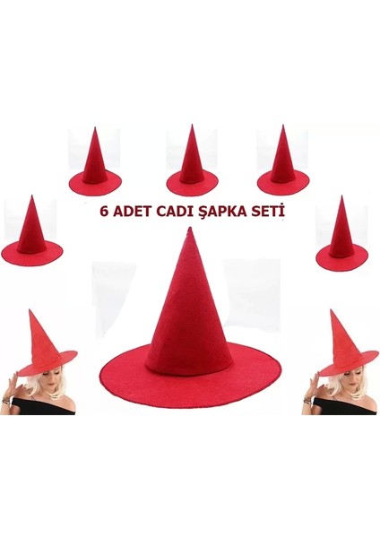 Kırmızı Renk Keçe Cadı Şapkası Yetişkin Çocuk Uyumlu 6 Adet