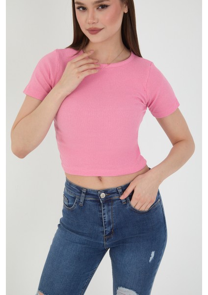 Kadın 3 Lü Kısa Kollu Fitilli Bisiklet Yaka Pamuklu Örme Kaşkorse Crop T-Shirt fiyatları