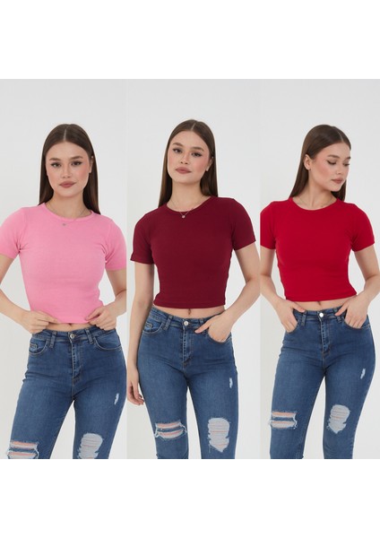 Kadın 3 Lü Kısa Kollu Fitilli Bisiklet Yaka Pamuklu Örme Kaşkorse Crop T-Shirt
