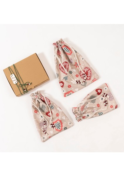 Dekoratif Kumaş Keseli Hediye Torbası - Noel & Kış Temalı, 3'lü Set
