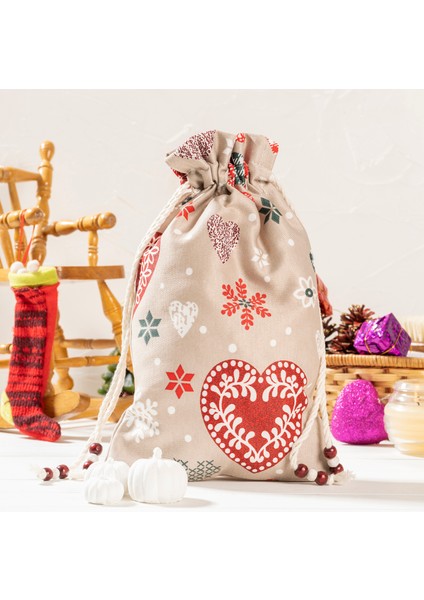 Dekoratif Kumaş Keseli Hediye Torbası - Noel & Kış Temalı, 3'lü Set