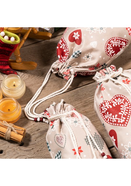 Dekoratif Kumaş Keseli Hediye Torbası - Noel & Kış Temalı, 3'lü Set