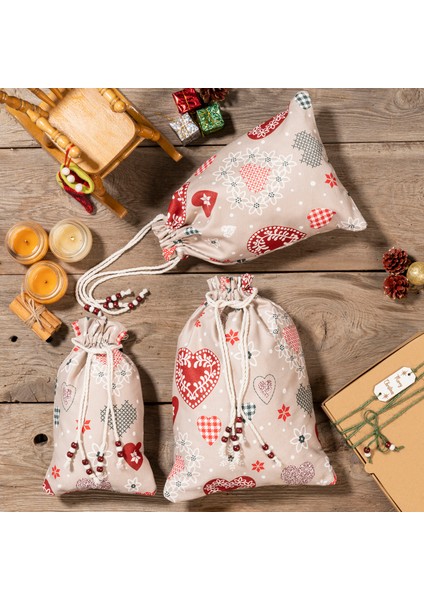 Dekoratif Kumaş Keseli Hediye Torbası - Noel & Kış Temalı, 3'lü Set
