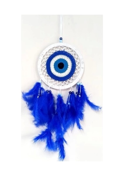 Saks Mavisi Kuş Tüylü Dream Catcher Nazar Boncuğu Motifli Düş Kapanı Duvar Süsü