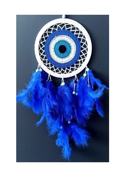 Saks Mavisi Kuş Tüylü Dream Catcher Nazar Boncuğu Motifli Düş Kapanı Duvar Süsü modelleri
