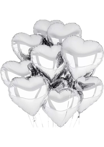 Metalize Parlak Gümüş Kalp Şekilli Uçan Balon Folyo 18 Inç 45 cm 10 Adet