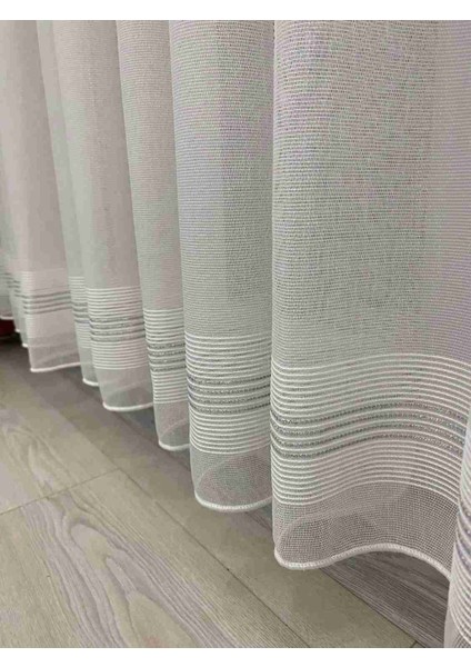 Paris Gümüş Simli Bantlı Ekru Tül Perde 1/3 Sık Pileli modelleri