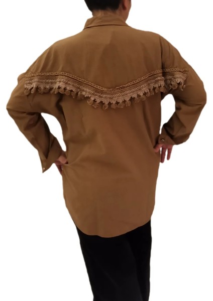 Kahverengi Arka Püsküllü Oversize Keten Gömlek modelleri