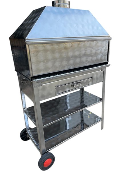 Paslanmaz Kömürlü Mangal 40 x 80 cm Bacalı Barbekü Çekmeceli Tekerlekli