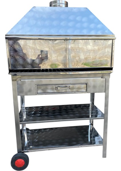 Paslanmaz Kömürlü Mangal 40 x 80 cm Bacalı Barbekü Çekmeceli Tekerlekli