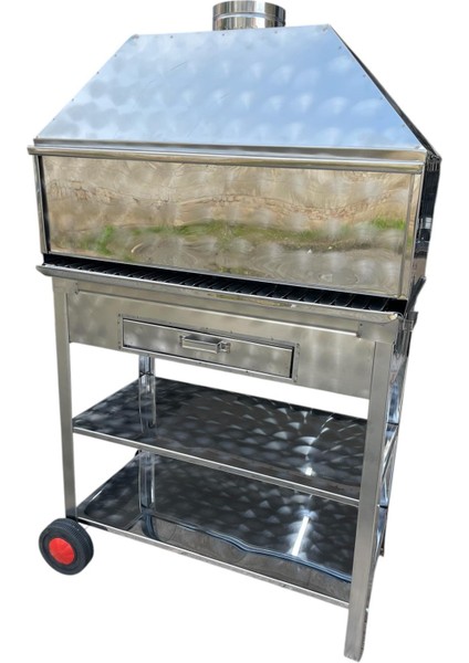 Paslanmaz Kömürlü Mangal 40 x 80 cm Bacalı Barbekü Çekmeceli Tekerlekli