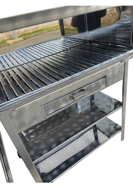 Paslanmaz Kömürlü Mangal 40 x 80 cm Bacalı Barbekü Çekmeceli Tekerlekli