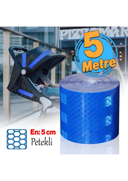 Yapışkanlı 5 Metre Mavi Renk Şerit Bant Parlayan Reflektörlü En 5 cm Onaysız Reflektif Ikaz Bandı