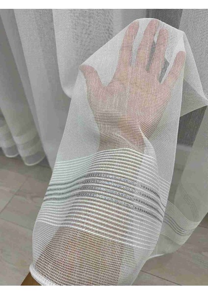 Paris Gümüş Simli Bantlı Ekru Tül Perde 1/2,5 Normal Orta Pileli