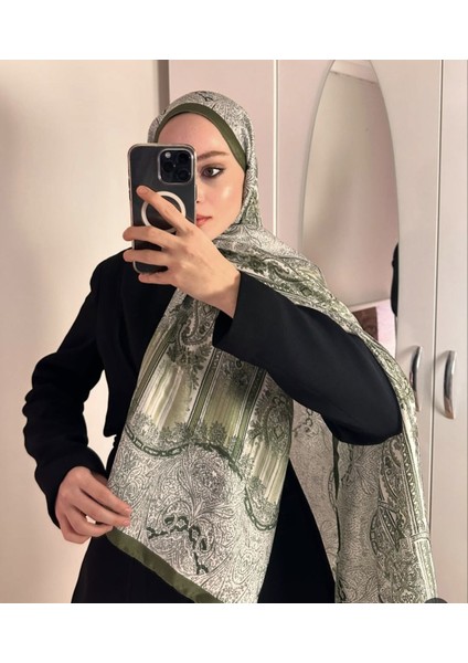Vual Ipek Şal Hint Desenli Haki Yeşil