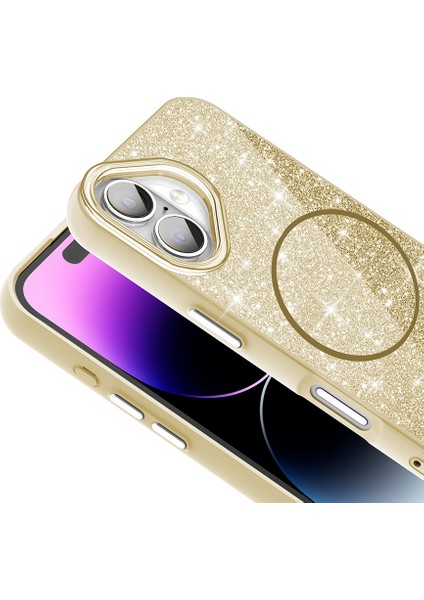 Apple iPhone 16 Plus Kılıf Magsafe Şarj Özellikli Parlayan Simli Okso Kapak - Pembe fırsatları