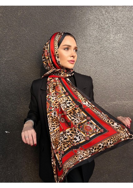 Vual Ipek Şal Leopar Desenli Kırmızı Siyah