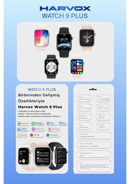 Watch 9 Plus Harvox Akıllı Saat Iphone ve Android Tüm Telefonlara Uyumlu