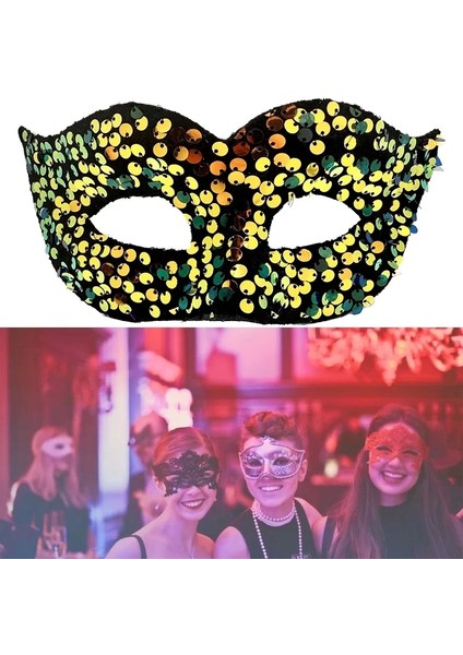 Altın Renk Arkadan Lastikli Pul Payet Işlemeli Balo After Parti Maskesi