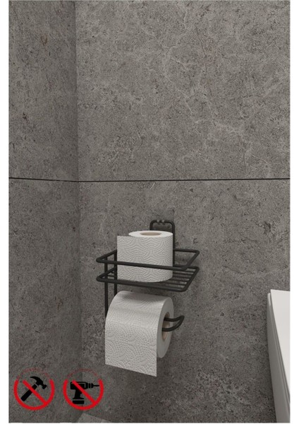 Siyah Güçlü Yapışkanlı Yedek Raflı Tuvalet Kağıtlık Banyo Düzenleyici