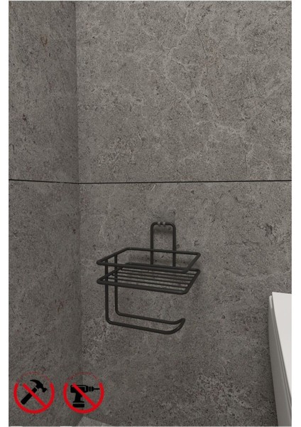 Siyah Güçlü Yapışkanlı Yedek Raflı Tuvalet Kağıtlık Banyo Düzenleyici