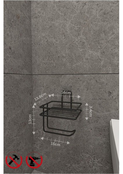 Siyah Güçlü Yapışkanlı Yedek Raflı Tuvalet Kağıtlık Banyo Düzenleyici
